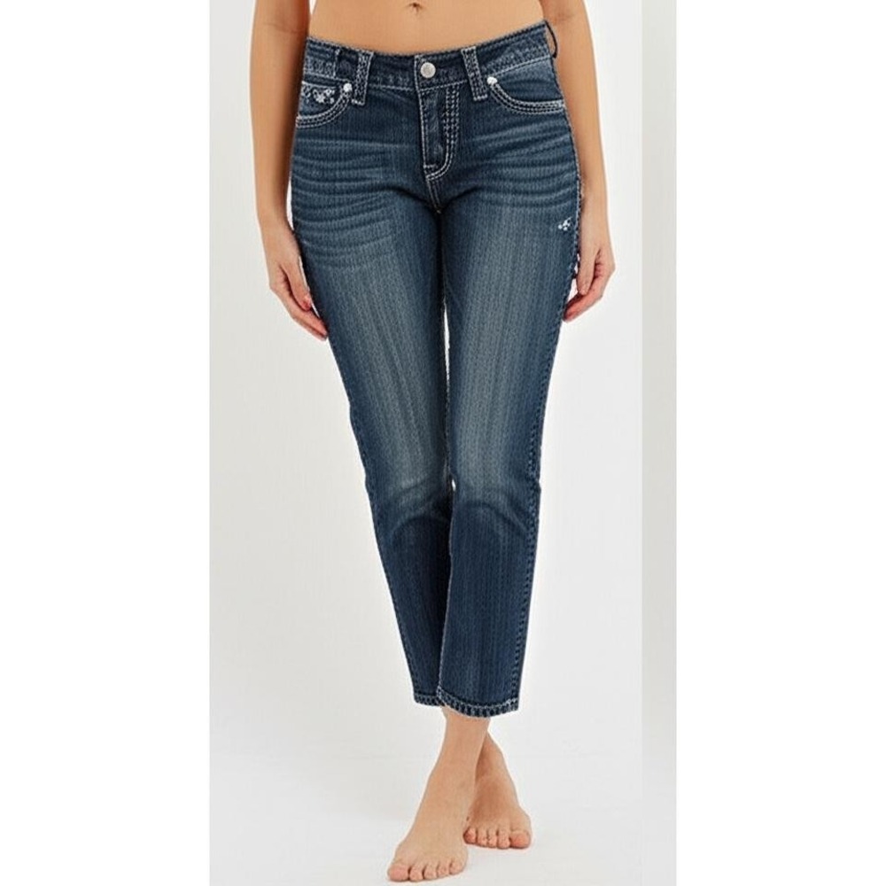 Silver Jeans Co Womens Suki Flap Capris Dark Wash Embroidered Sequin Curvy